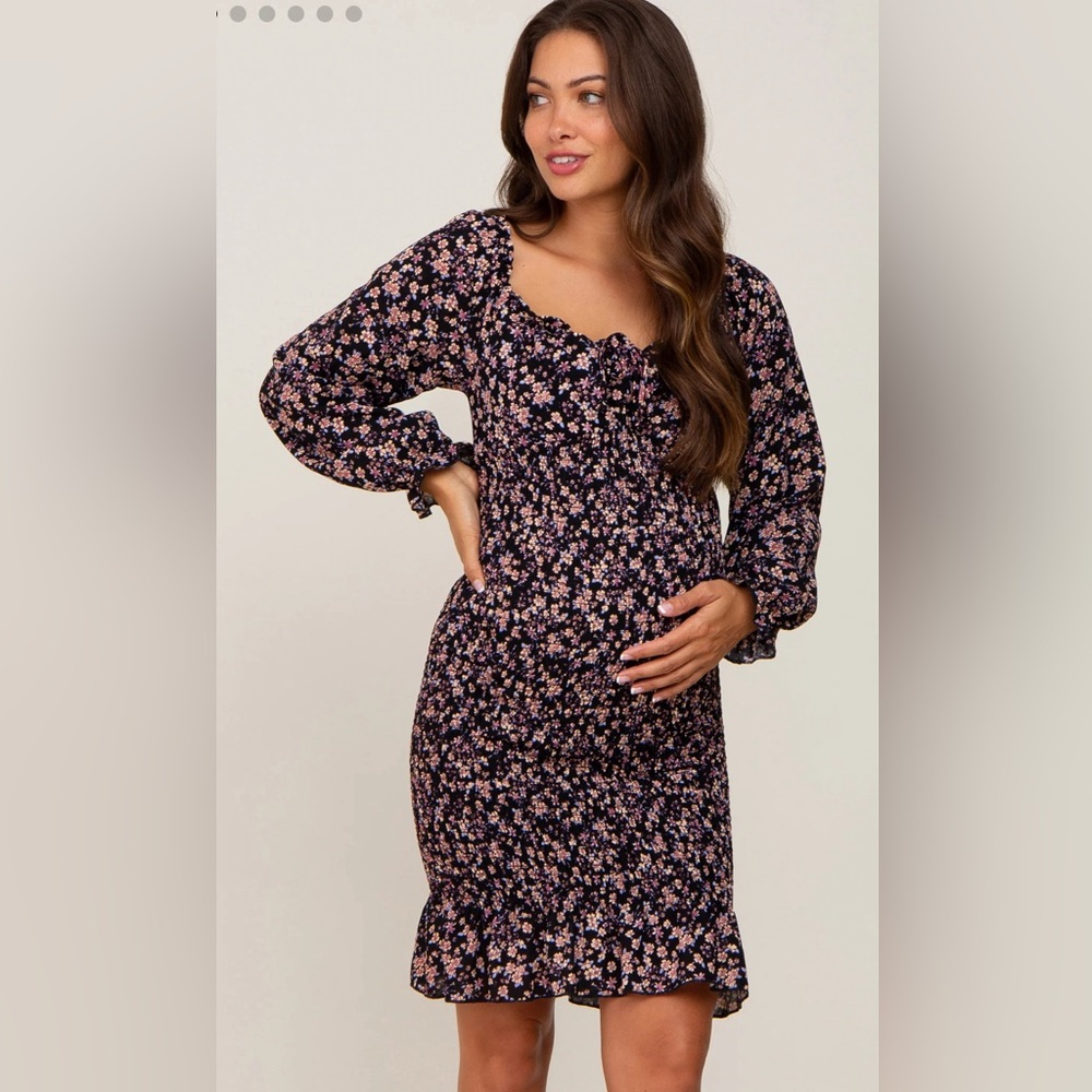 Pink Blush Black Floral Smocked Midi Dress